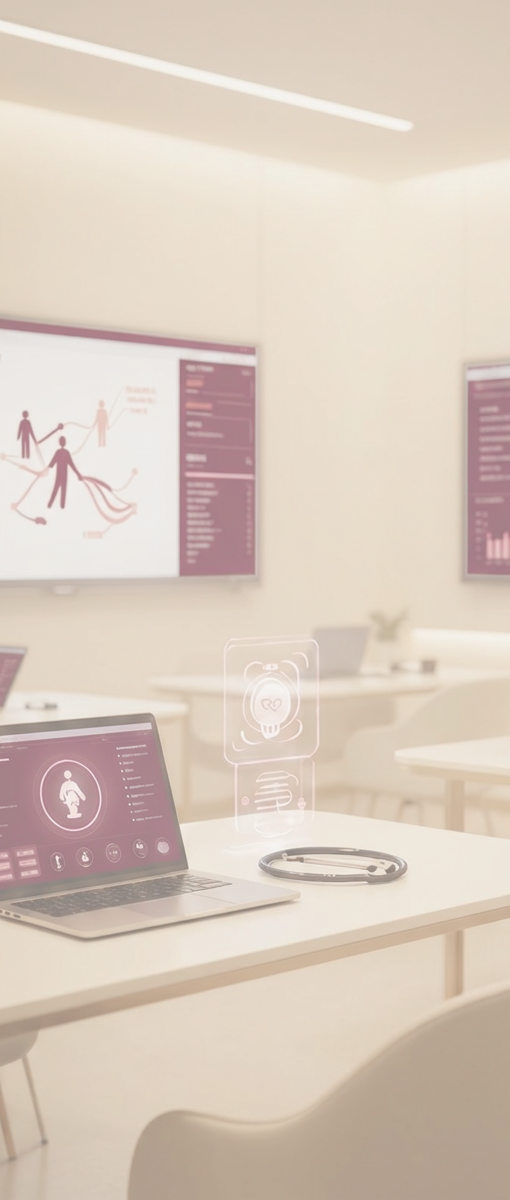 Classroom with clinical software on laptops and displays